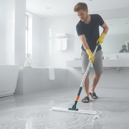 Homme nettoie la salle de bain avec la raclette sol