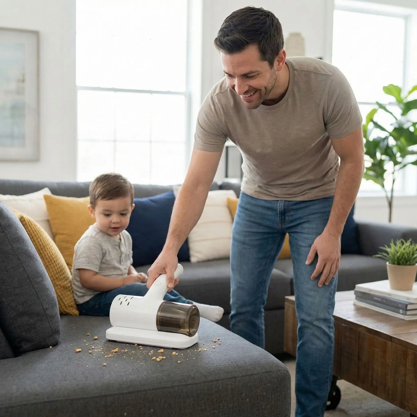homme avec son enfant qui ramasse les miettes avec le mini aspirateur