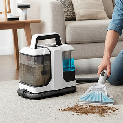 homme nettoie le tapis sale avec aspirateur poil de chien