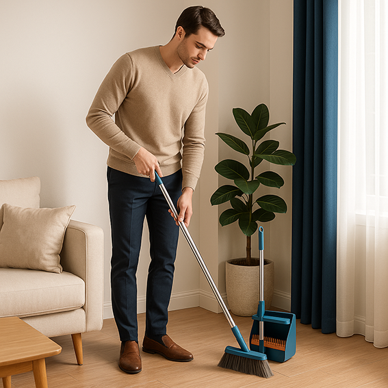 Homme nettoie le coin du salon avec le balai efficace