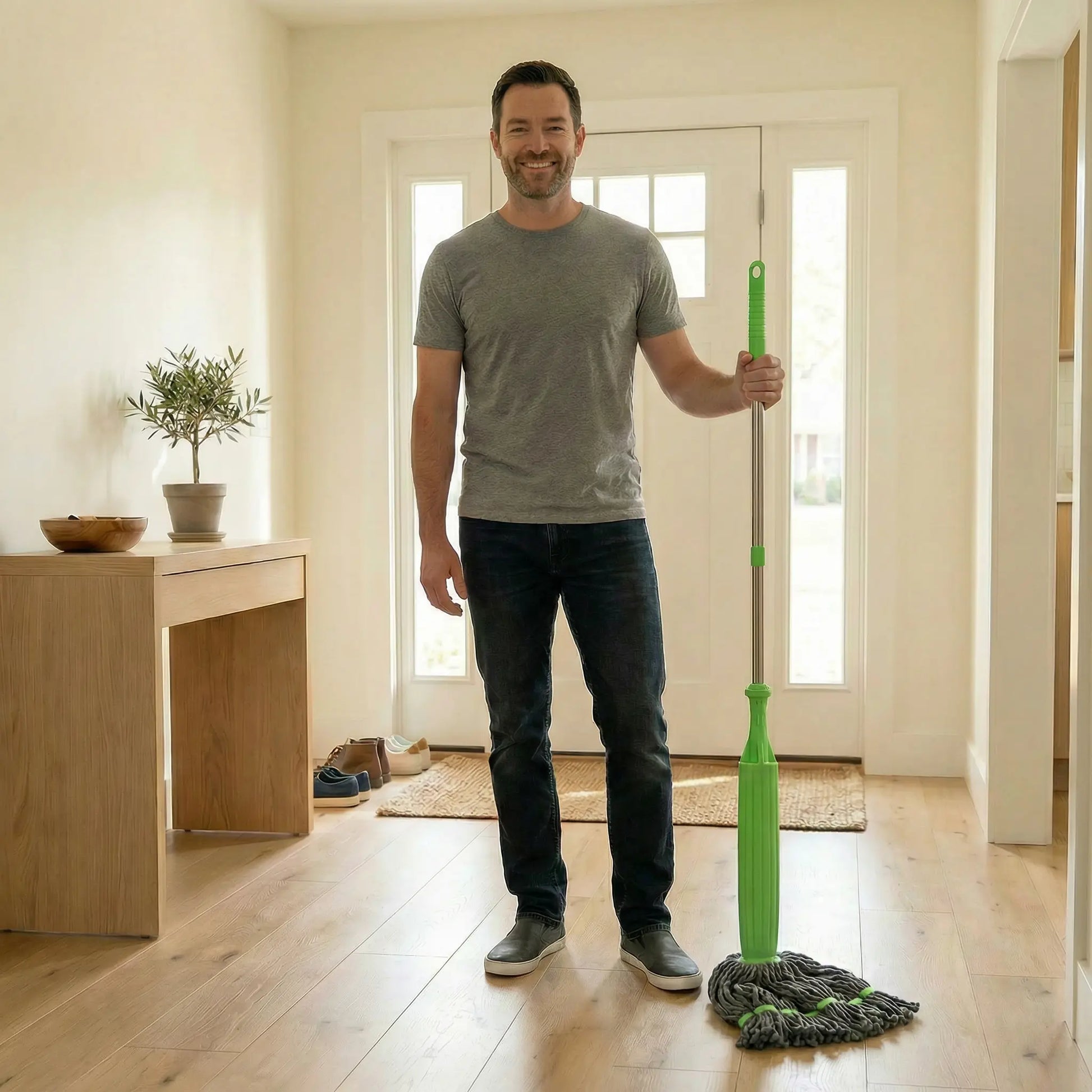 homme qui nettoie l'entrée de sa maison avec la serpillère efficace