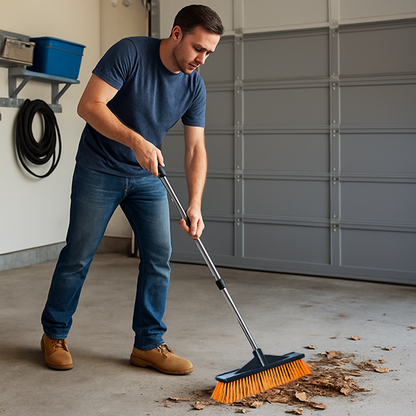 homme nettoie garage balai brosse terrasse
