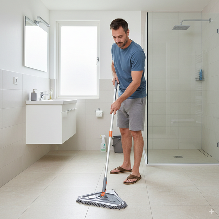 Homme nettoie salle de bain balai serpillère