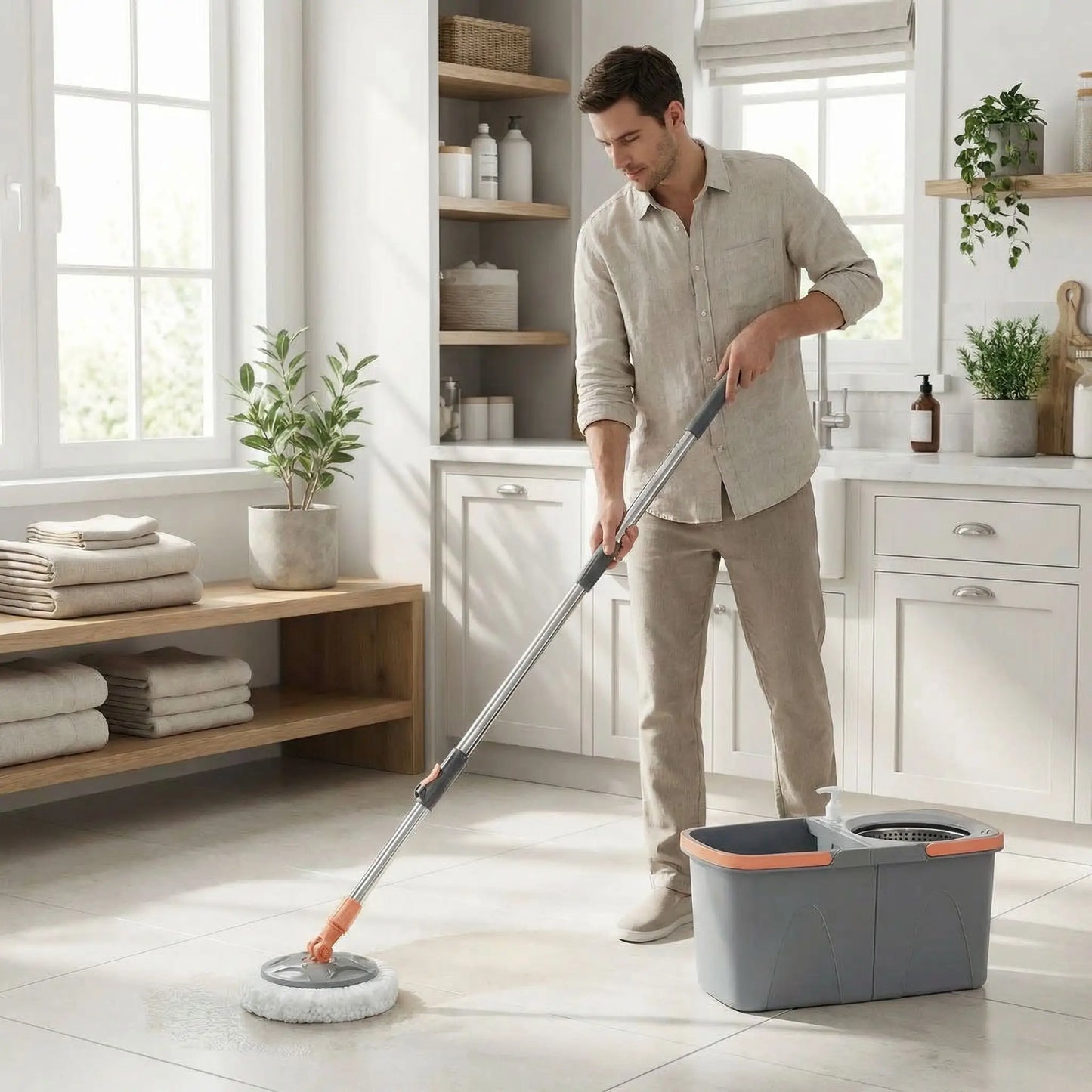 homme nettoie la salle de bain moderne avec seau et serpillère