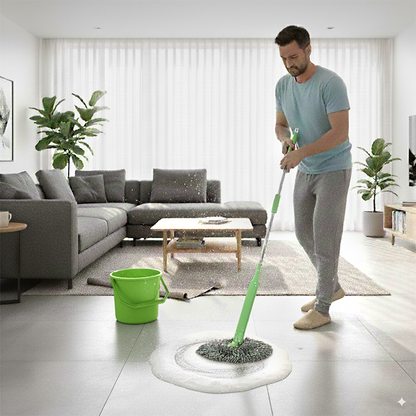 Homme nettoie salon balai espagnol