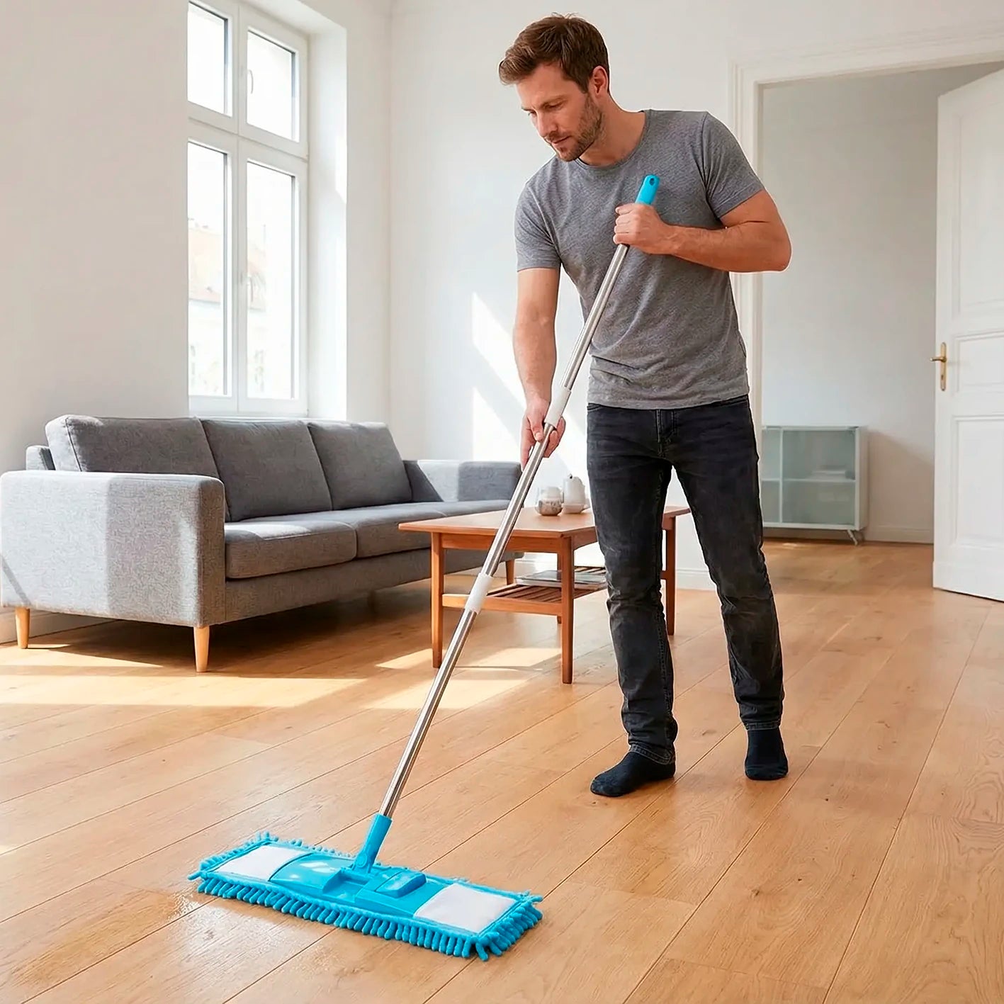 homme nettoie son salon avec une serpillère bleu très absorbante