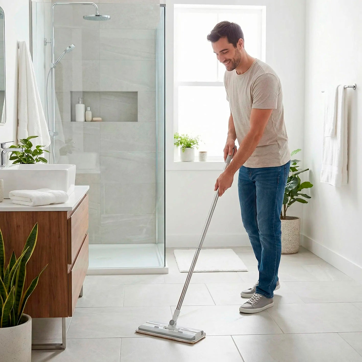 homme nettoie avec serpillère la salle de bain