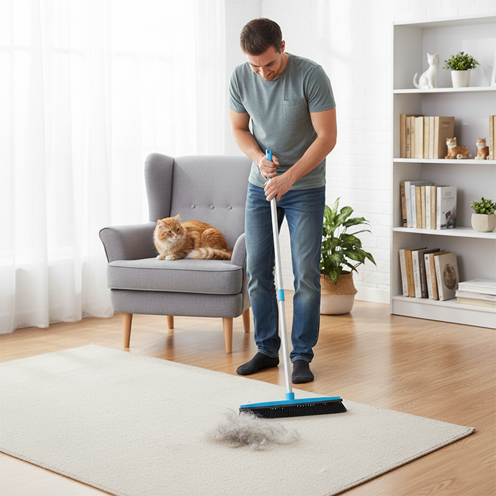 Homme nettoie tapis poils balai brosse