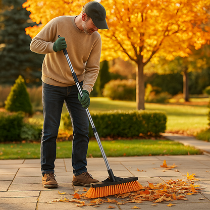 Homme nettoie le jardin avec balai