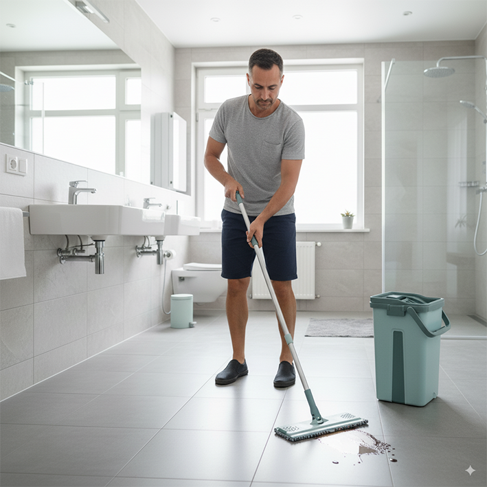 Homme nettoyage serpillère salle de-bain