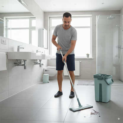 Homme nettoyage serpillère salle de-bain