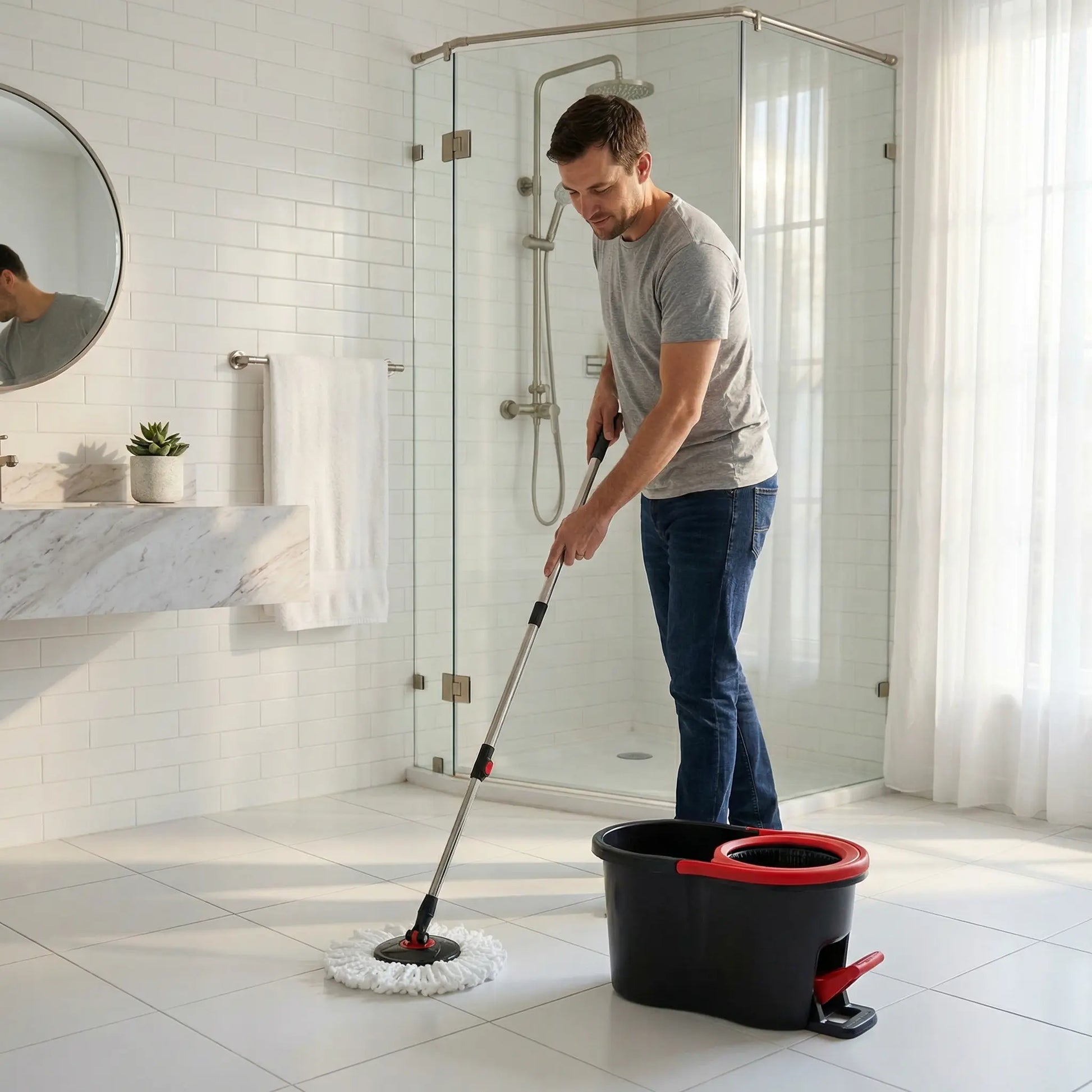 homme nettoie avec seau-et-serpillère la salle de bain