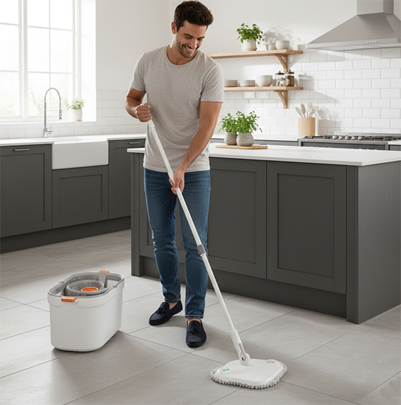 Homme nettoyant le sol d'une cuisine grise avec le seau et serpillère ultra-performant
