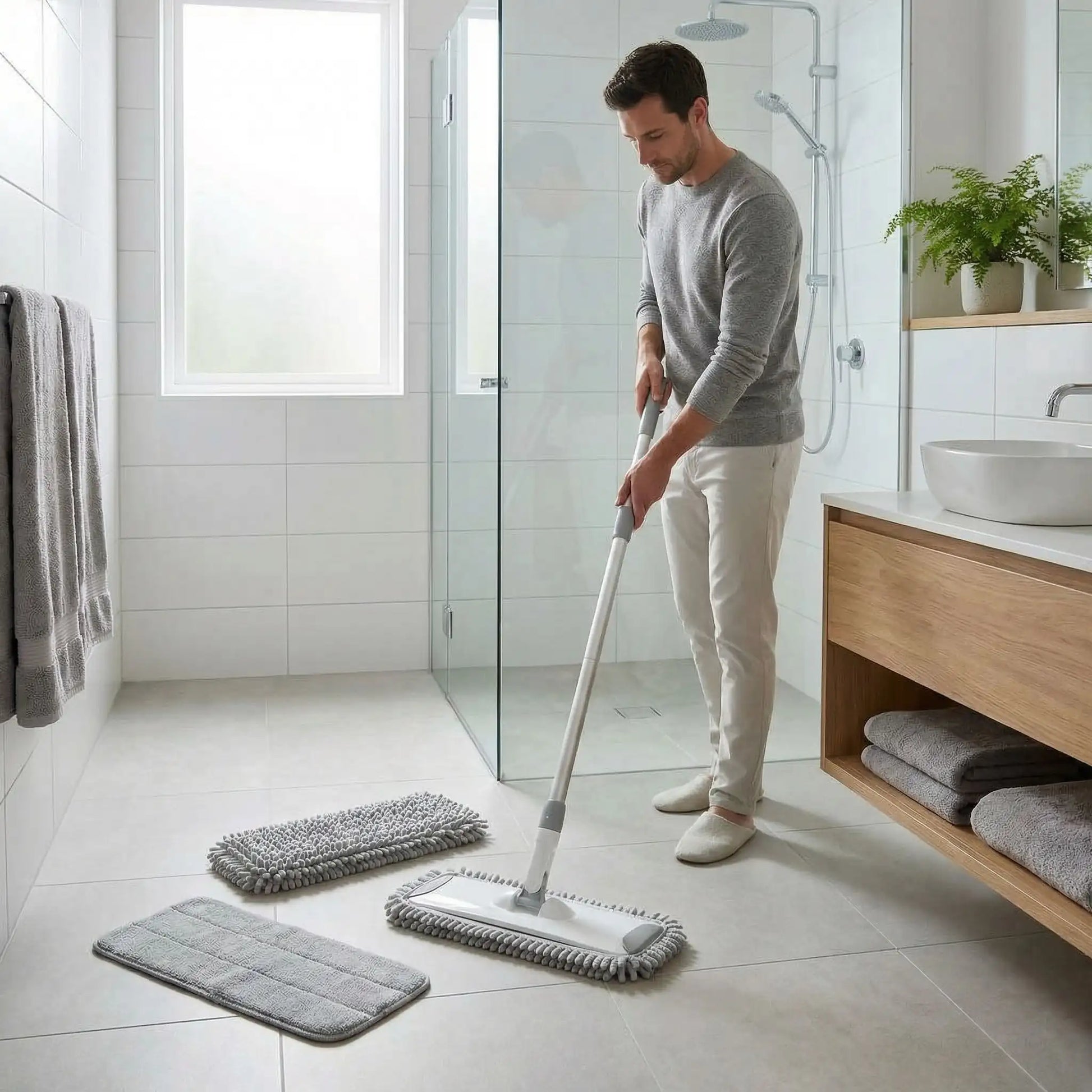 homme avec serpillère microfibre dans la salle de bain et le sol propre