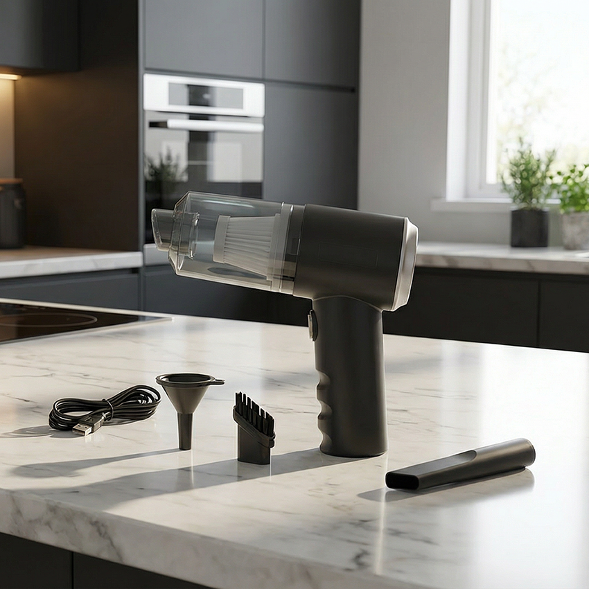 mini aspirateur avec ses accessoires dans la cuisine