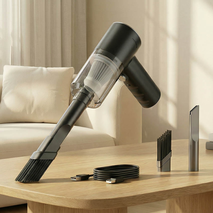 mini aspirateur avec ses accessoires dans le salon propre
