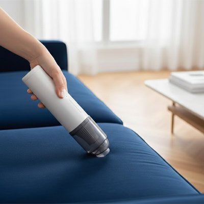 nettoyage de canapé bleu avec mini aspirateur sans fil