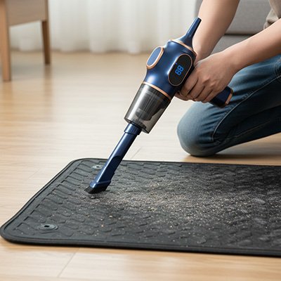 nettoyage de tapis plein de miette avec mini aspirateur