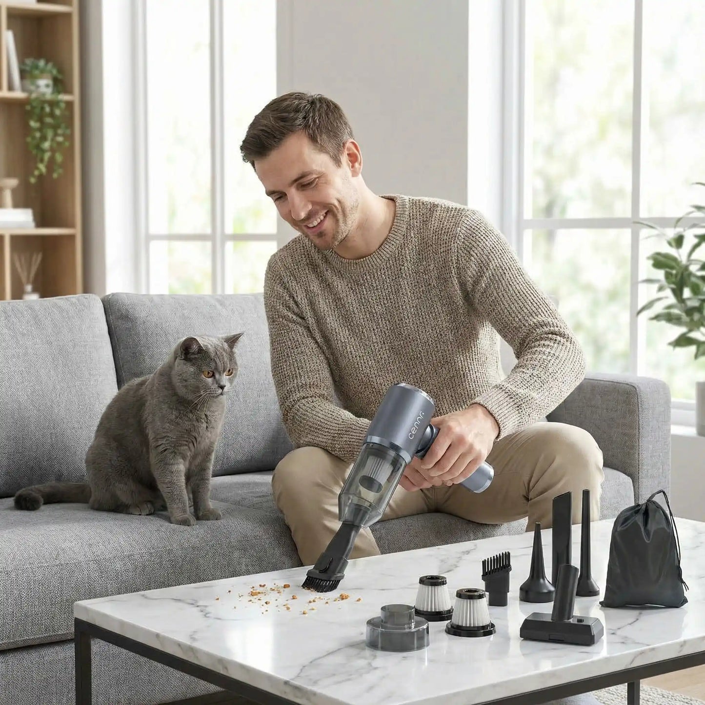 homme et chat fait nettoyage des miettes avec ce mini-aspirateur 