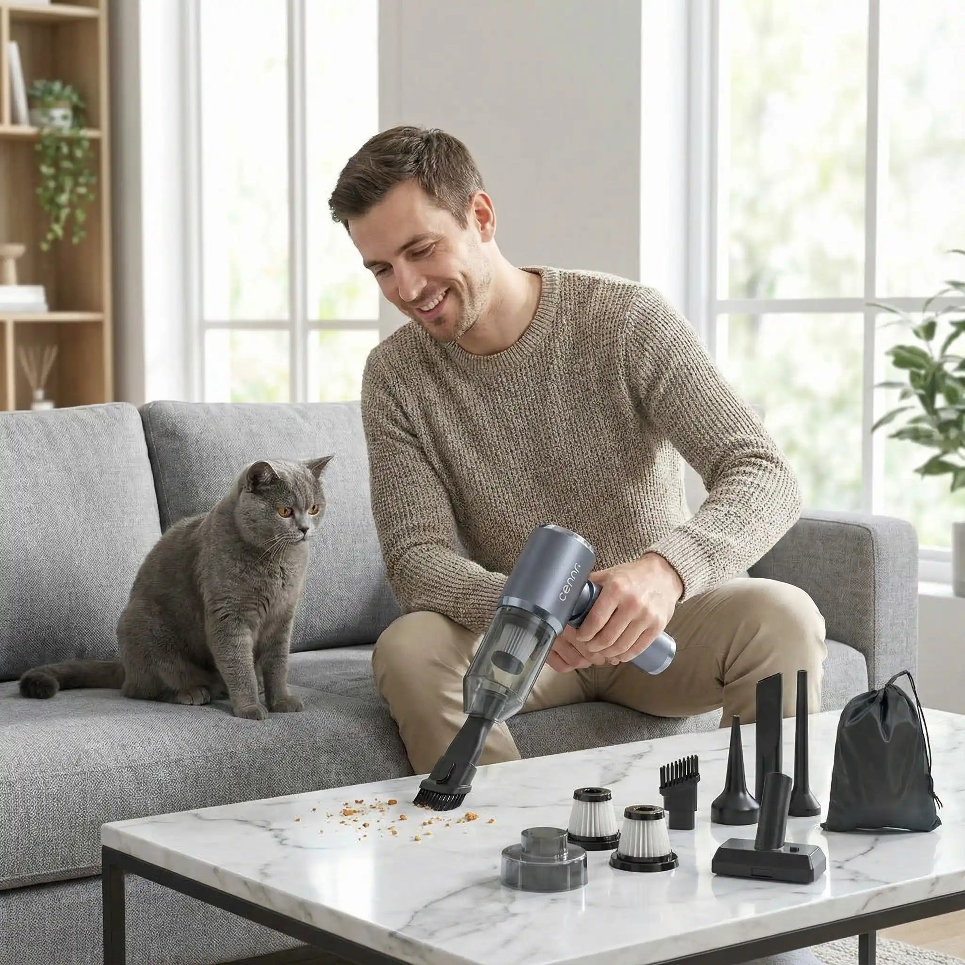 homme et chat fait nettoyage des miettes avec ce mini-aspirateur 