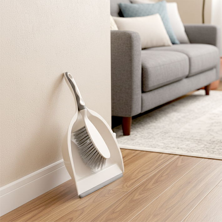 pelle et balayette gros plan dans le salon