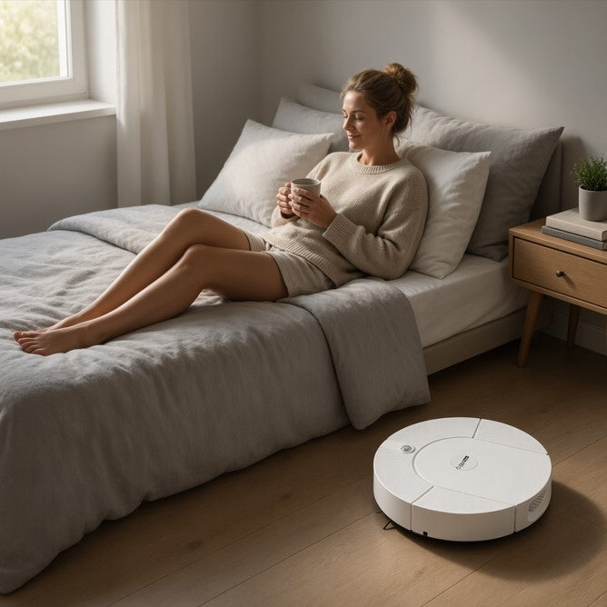 robot aspirateur laveur 3 en 1 chambre femme repose souris