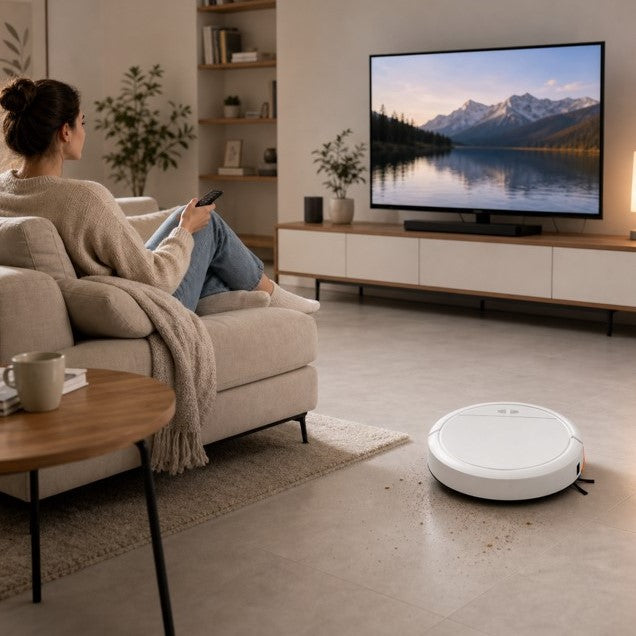 robot aspirateur laveur 3 en 1 femme-salon télé