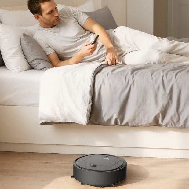 robot aspirateur laveur 3 en 1 homme relaxe lit