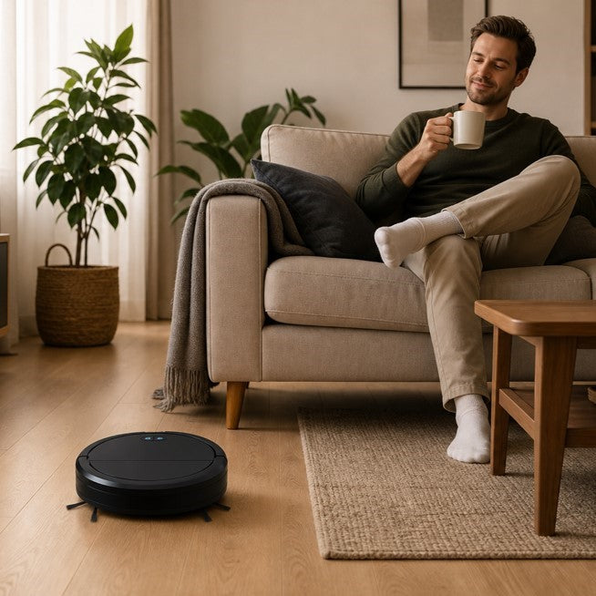 robot aspirateur laveur 3 en 1 homme salon café
