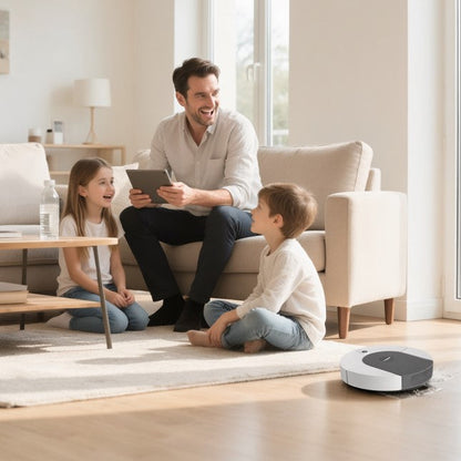 Robot aspirateur laveur 3 en 1 sous tapis salon famille