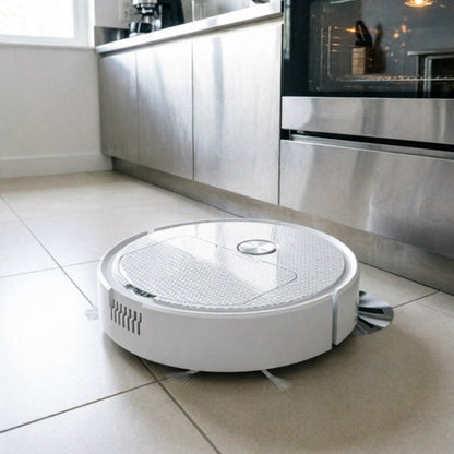 robot aspirateur laveur blanc dans la cuisine avec sol en carrelage