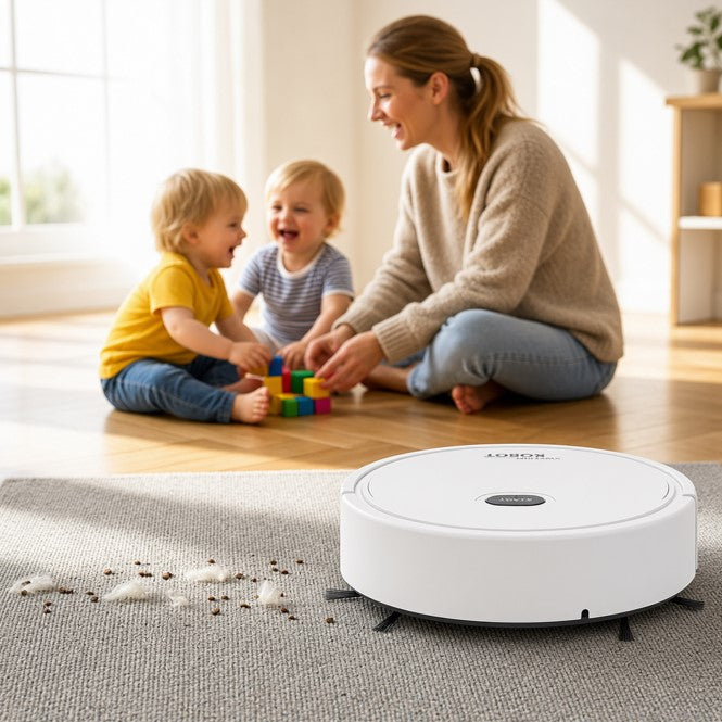robot aspirateur laveur blanc maman enfant jouent 2