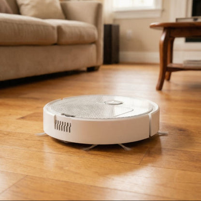 robot aspirateur laveur blanc parquet salon moderne