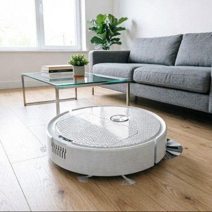 robot aspirateur laveur blanc parquet salon simple