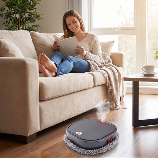 robot aspirateur laveur femme contente sofa