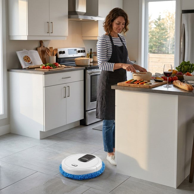 robot aspirateur laveur femme cuisine diner
