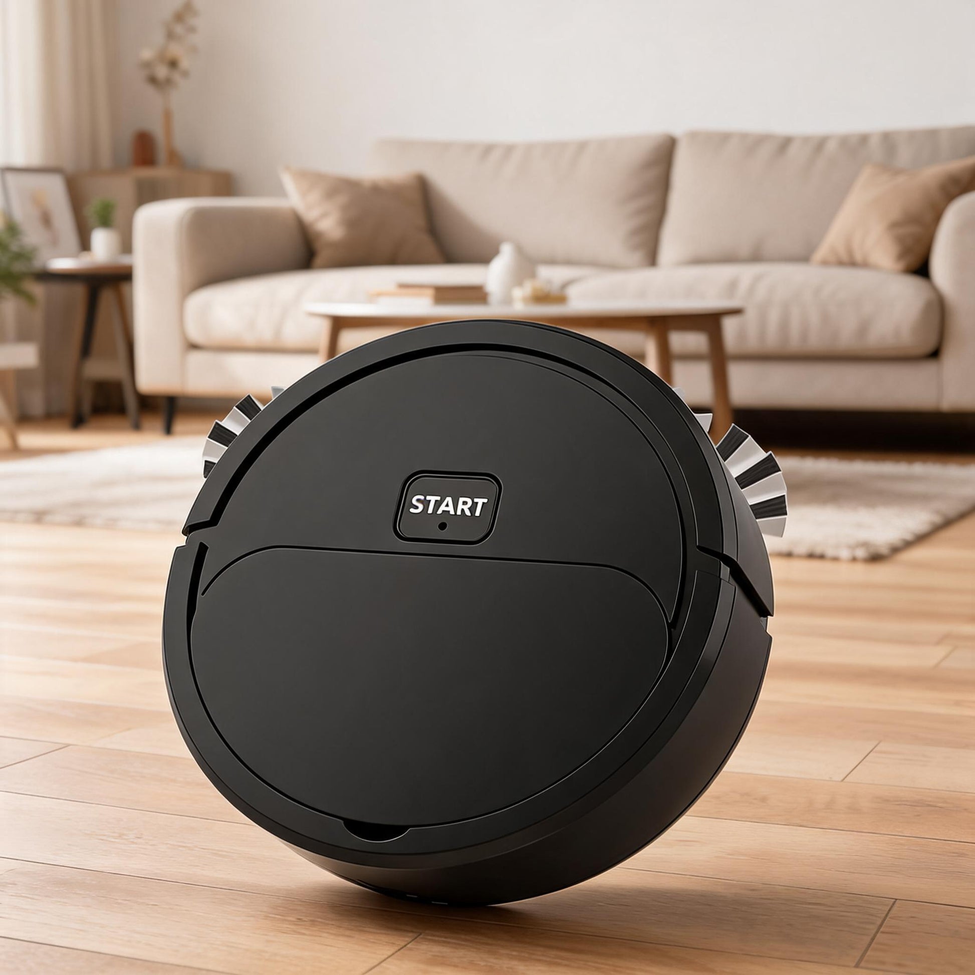 robot aspirateur laveur modèle noir tapis parquet salon