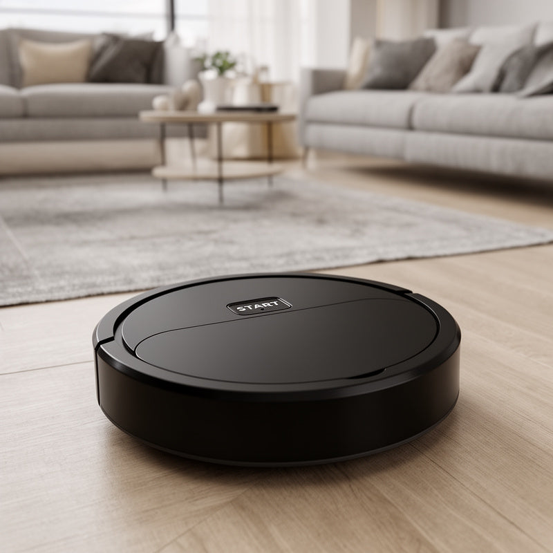 robot aspirateur laveur noir tapis parquet salon