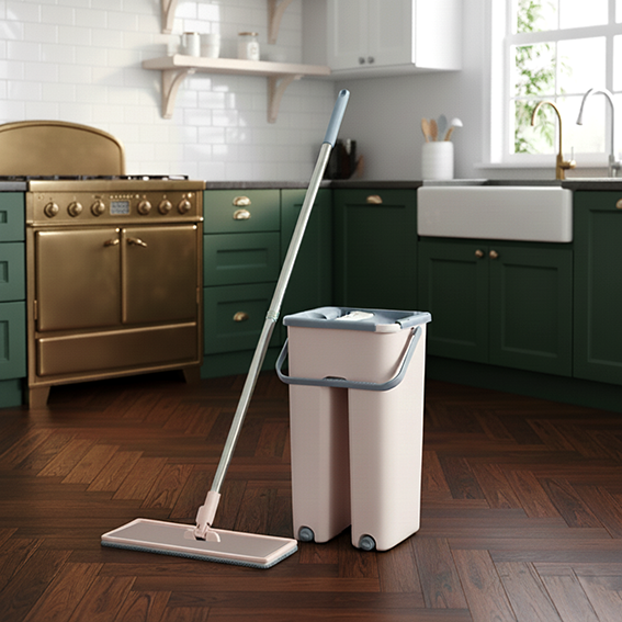 seau et serpillère rose dans la  salle de bain 