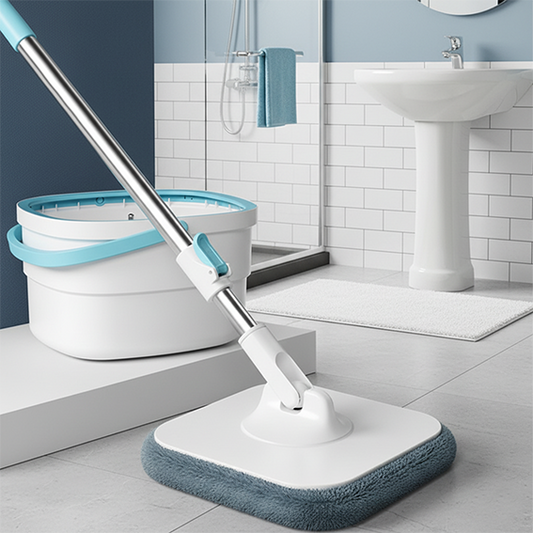 Seau et serpillère décontamination 360 avec tête microfibre dans une salle de bain bleue et blanche