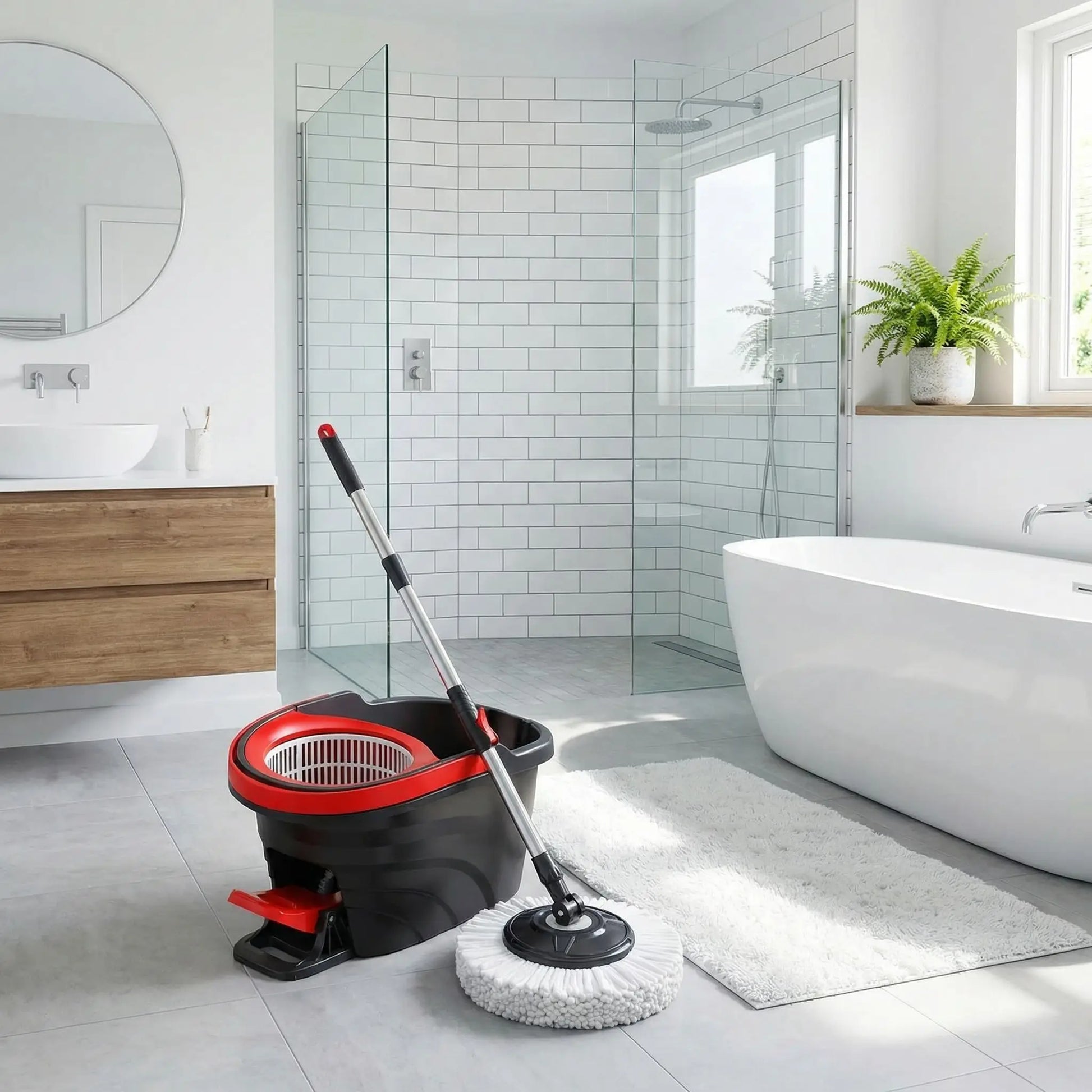 seau et serpillère dans une salle de bain moderne