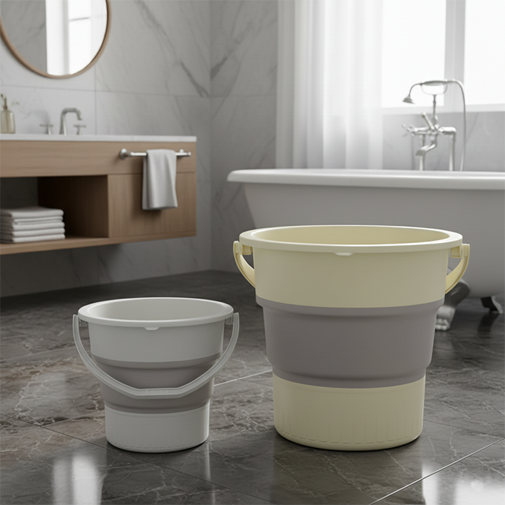 seau pliable gris 5L et jaune 10L