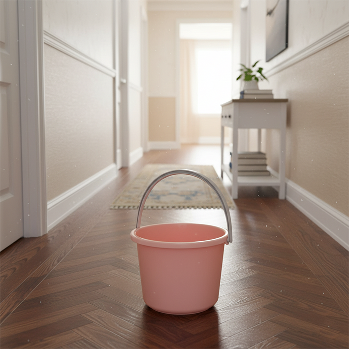 seau rose dans le couloir