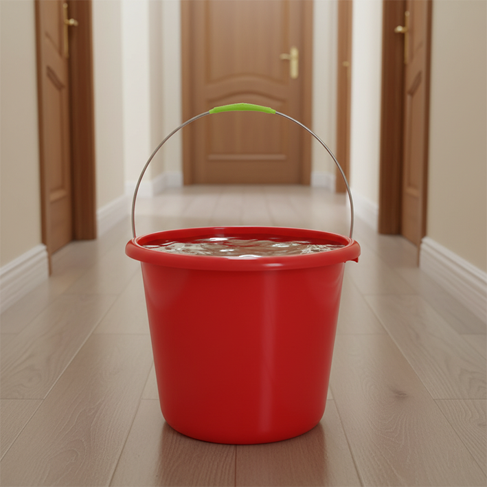 seau rouge dans le couloir