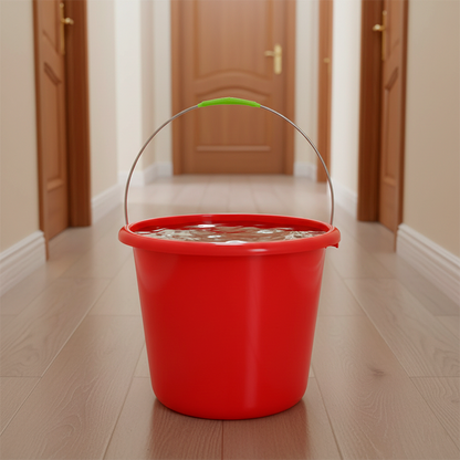 seau rouge dans le couloir