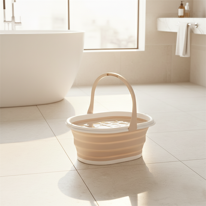 seau rose dans salle de bain plein d'eau
