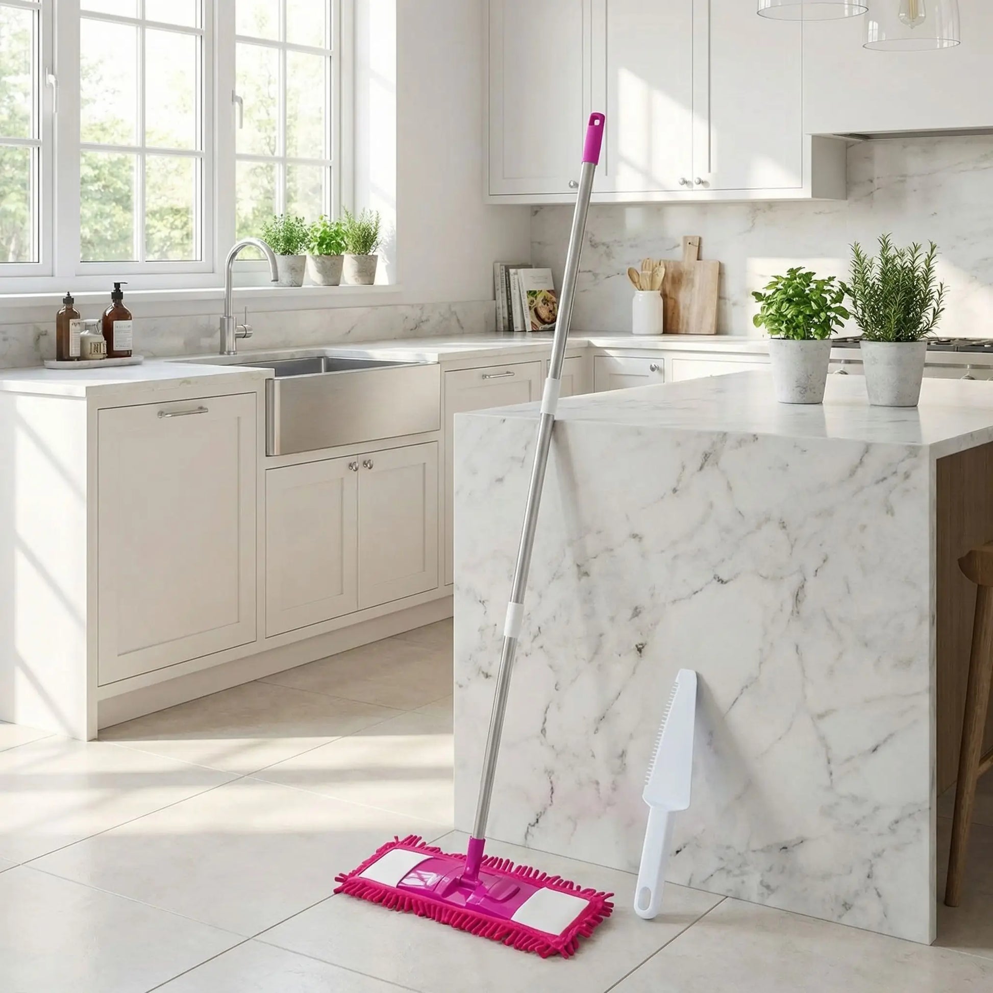 serpillère rose absorbe l'eau sur le sol de cuisine