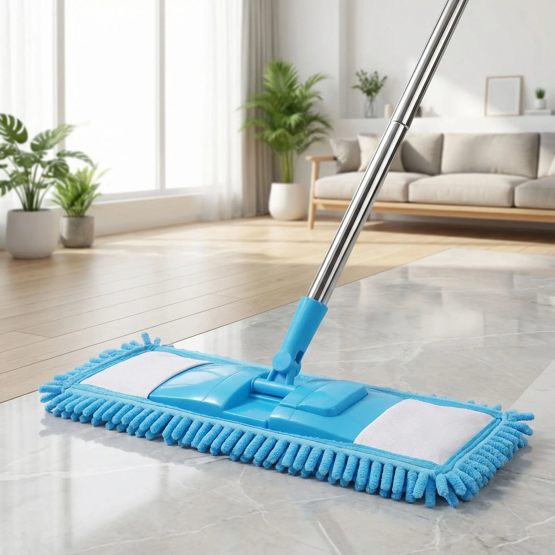 Serpillère chenille en couleur bleu sur un sol propre