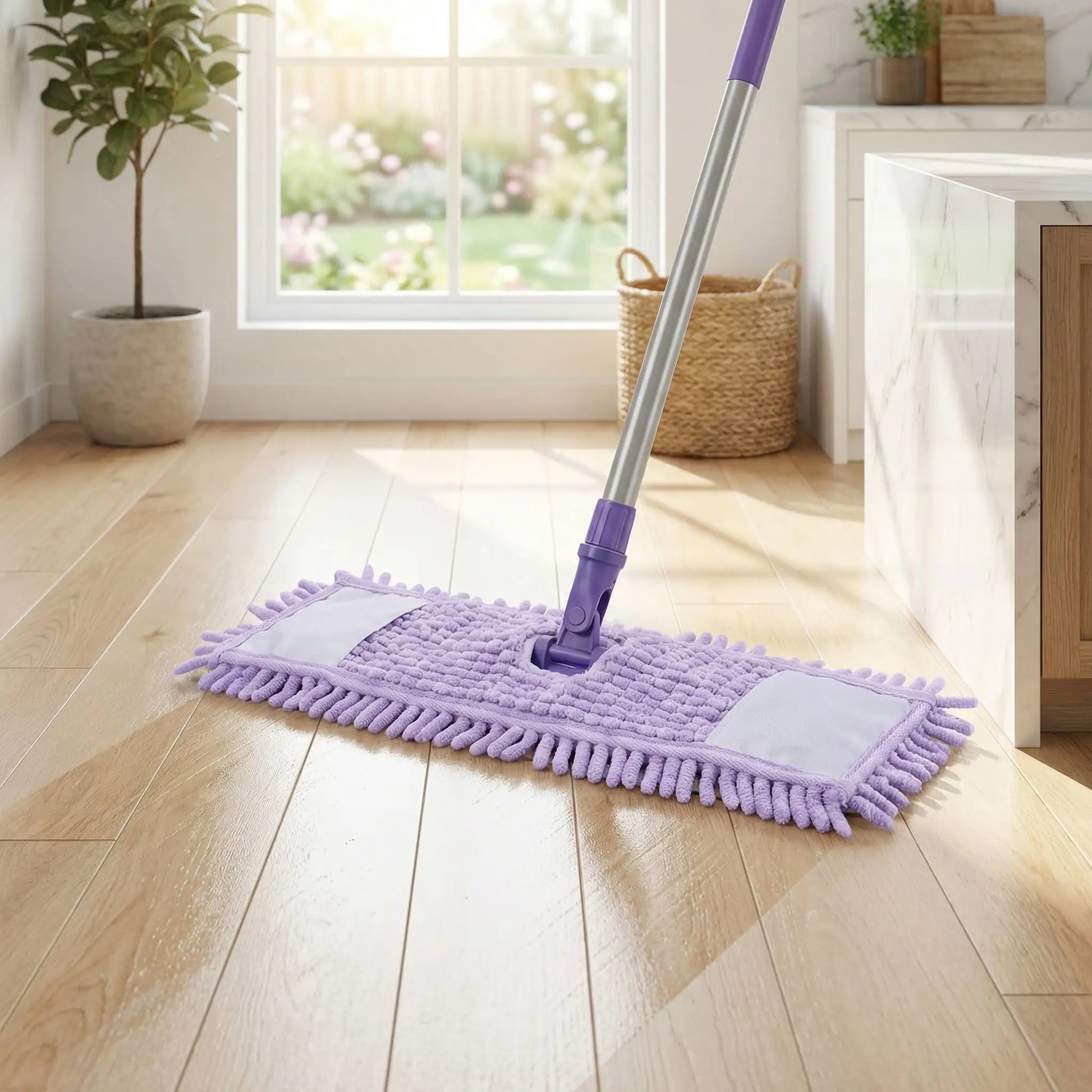 serpillère microfibre violète en chenille sur sol propre