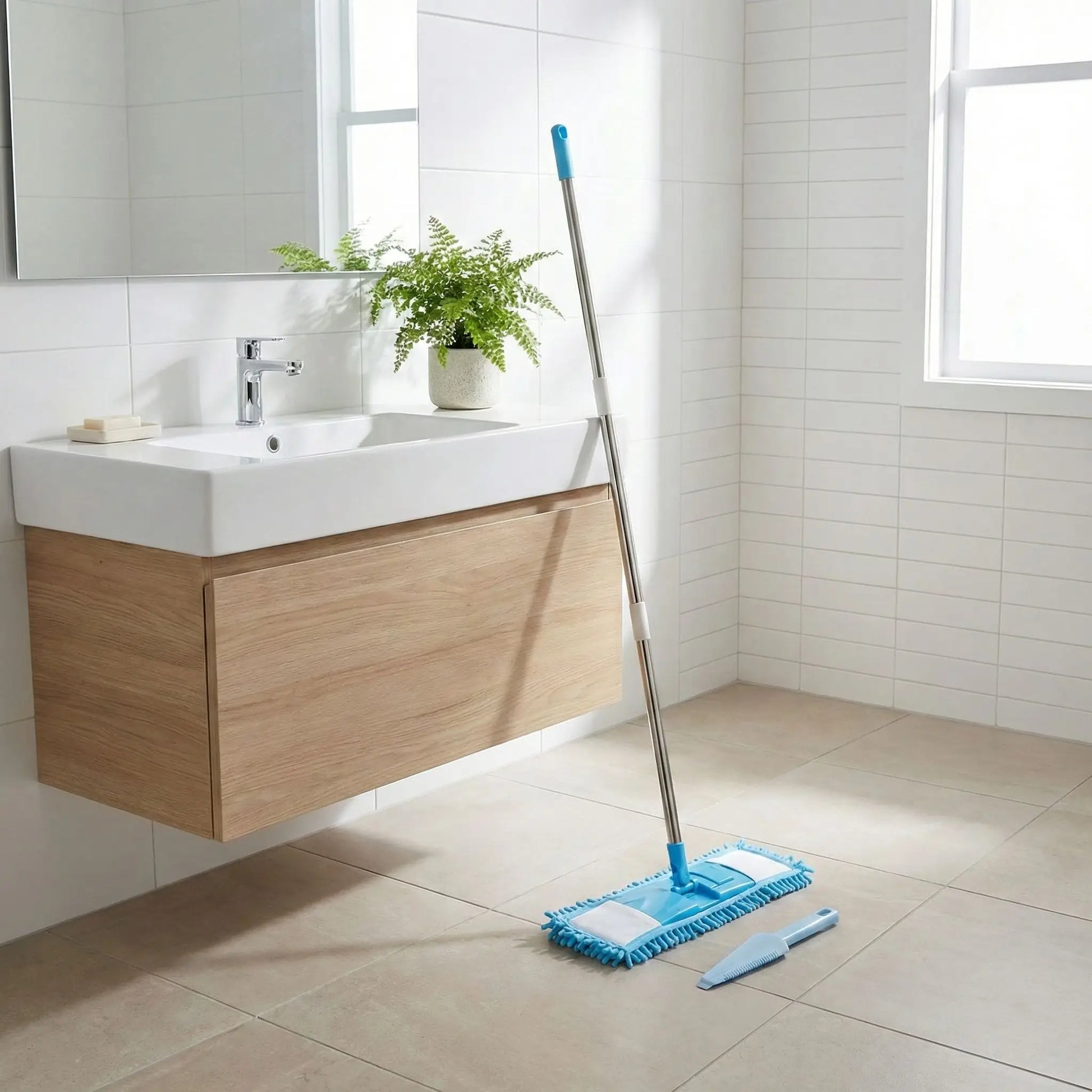 serpillère avec raclette dans la salle de bain